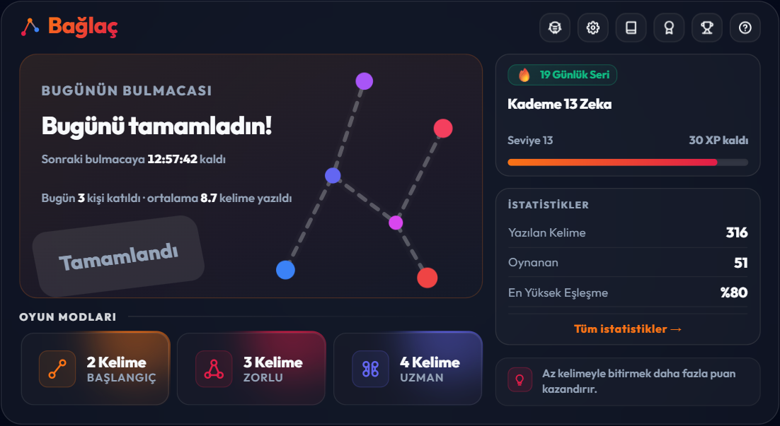 Bağlaç Kelime Oyunu Başlangıç Ekranı